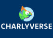 Logo with a colorful chameleon sitting in front of a blue globe and the lettering "CHARLYVERSE" in white capital letters on a dark blue background.