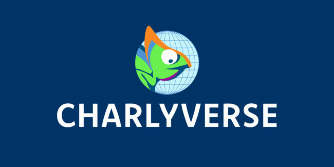 Framence_Blog_Charlyverse Logo with a colorful chameleon sitting in front of a blue globe and the lettering "CHARLYVERSE" in white capital letters on a dark blue background.