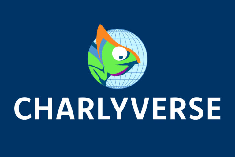 Framence_Blog_Charlyverse Logo with a colorful chameleon sitting in front of a blue globe and the lettering "CHARLYVERSE" in white capital letters on a dark blue background.