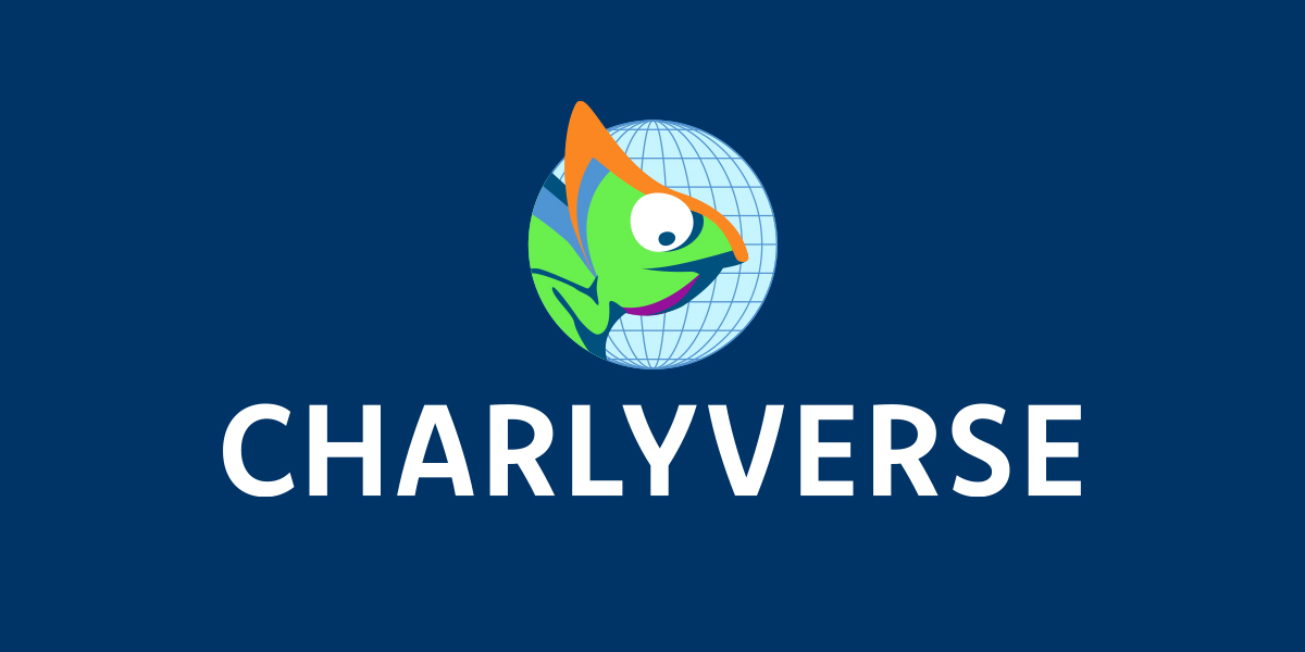 Framence_Blog_Charlyverse Logo with a colorful chameleon sitting in front of a blue globe and the lettering "CHARLYVERSE" in white capital letters on a dark blue background.