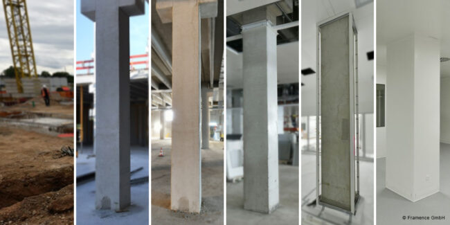 Framence_Blog_Choas_auf_der_Baustelle Six pictures show the construction progress of a concrete column: from the unfinished building site to cleaning, interior with visible concrete, cladding and the finished, white column in a modern room. At the bottom right is "© Framence GmbH"