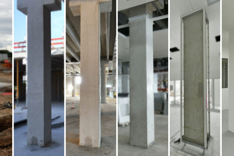 Framence_Blog_Choas_auf_der_Baustelle Bildserie zeigt den Entwicklungsverlauf einer Betonsäule – vom Rohbau über verschiedene Ausbaustufen bis hin zur fertigen, verputzten Innenraumlösung.