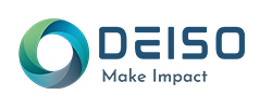 Logo der Firma DEISO mit dem Slogan „Make Impact“, bestehend aus einem farbigen, spiralförmigen Symbol in Blau- und Grüntönen.