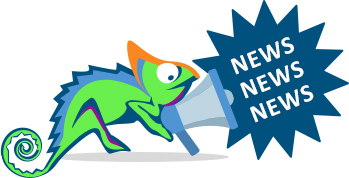 Charly das Chamäleon mit Megaphone. Das ankündigt in einer Stern-Sprechbase: NEWS, NEWS, NEWS.